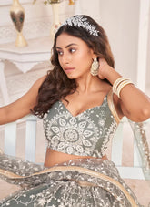 Dusty Green Net Zari and Embroidered Lehenga Choli